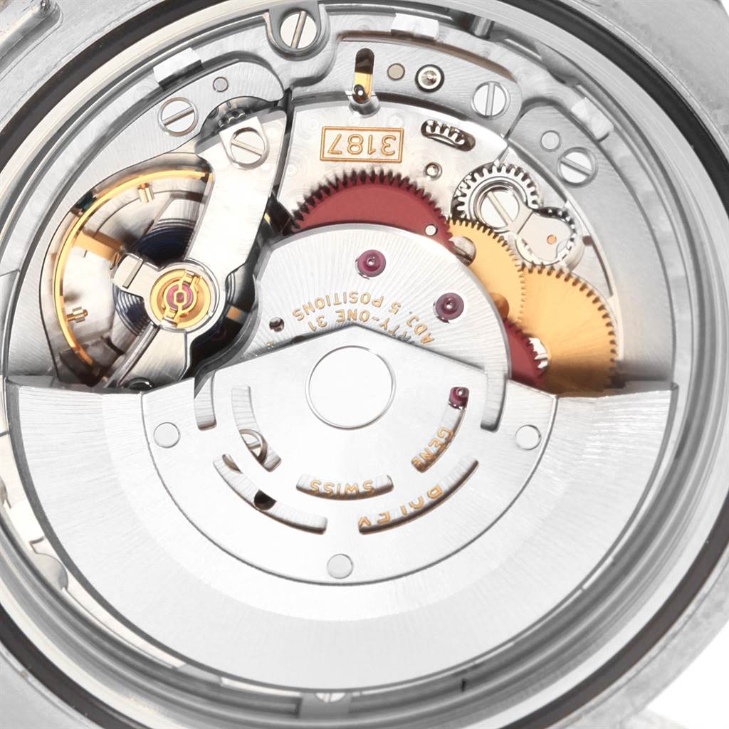 This image shows a close-up view of the mechanical movement inside a Rolex Explorer 216570 Men's Stainless Steel White Dial 216570 Men's Stainless Steel White Dial watch.