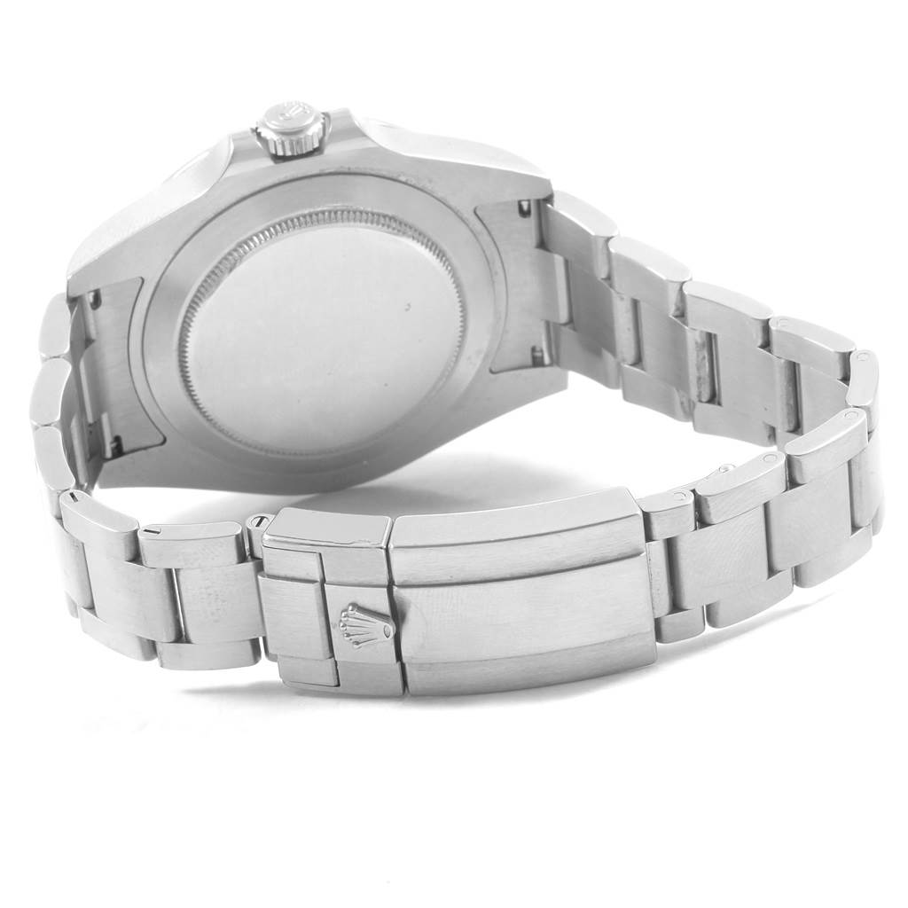 The image shows the back view of the Rolex Explorer 216570 Men's Stainless Steel White Dial 216570 Men's Stainless Steel White Dial watch, highlighting its case back and metal bracelet with the Rolex clasp.