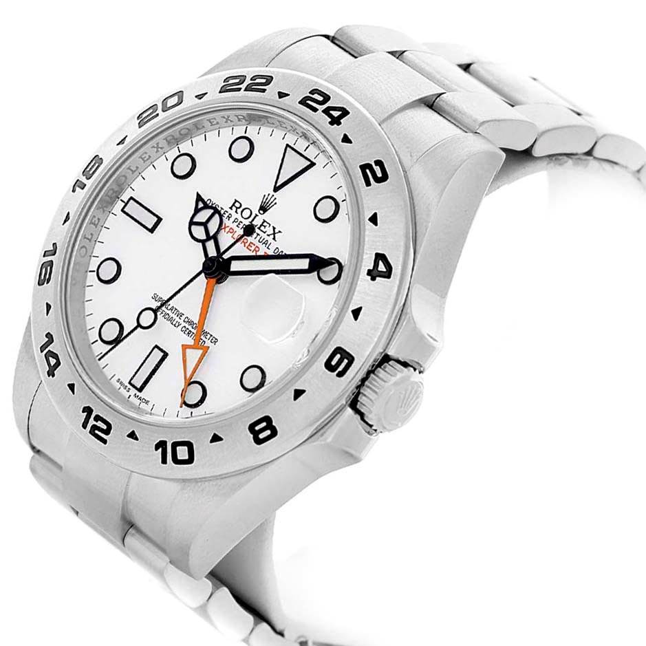 The Rolex Explorer 216570 Men's Stainless Steel White Dial 216570 Men's Stainless Steel White Dial watch is shown at a slight angle, highlighting the dial, bezel, and part of the bracelet.