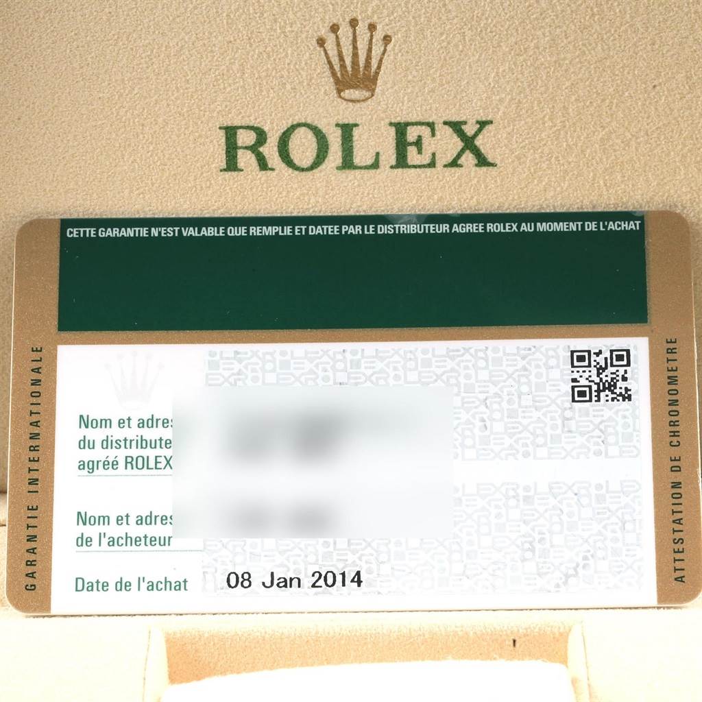 The image shows an international warranty card for the Rolex Explorer 216570 Men's Stainless Steel White Dial 216570 Men's Stainless Steel White Dial model dated January 8, 2014.