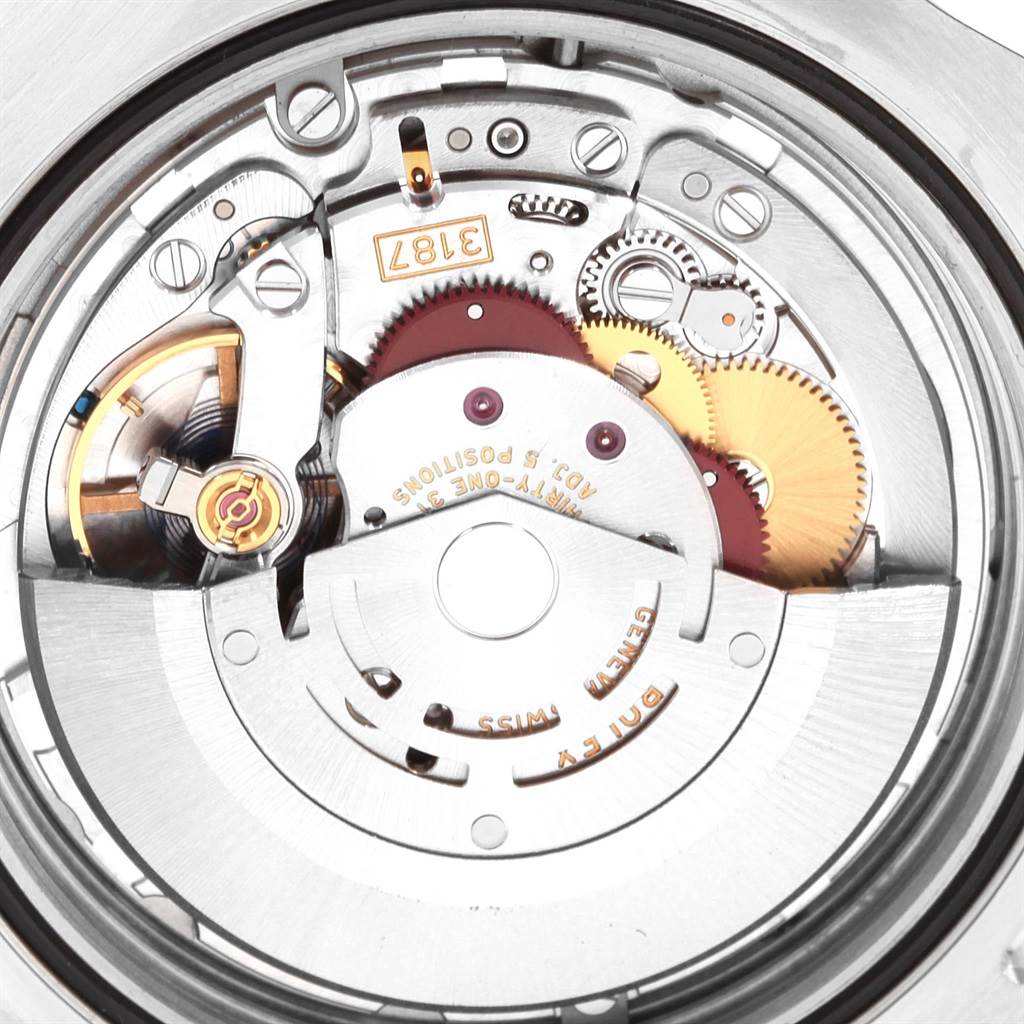 This image shows a close-up view of the Rolex Explorer 216570 Men's Stainless Steel White Dial 216570 Men's Stainless Steel White Dial model watch's movement mechanism from the back.