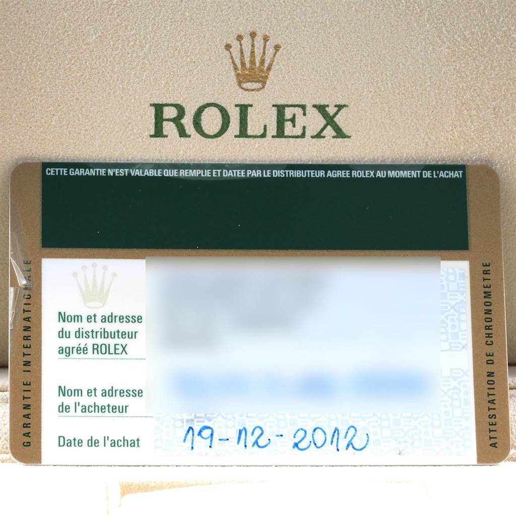 This image shows a warranty card for a Rolex Explorer 216570 Men's Stainless Steel White Dial 216570 Men's Stainless Steel White Dial watch, including purchase and distributor details.