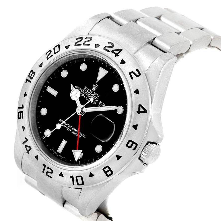 This image shows a Rolex Explorer 16570 Men's Stainless Steel Black Dial 16570 Men's Stainless Steel Black Dial watch from an angled side view, highlighting the bezel, dial, case, and part of the bracelet.