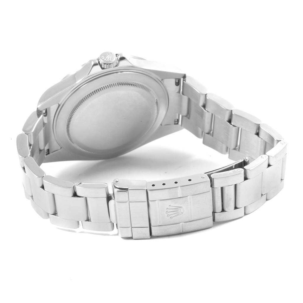 The image shows the back view of a Rolex Explorer 16570 Men's Stainless Steel Black Dial 16570 Men's Stainless Steel Black Dial watch, including its case back and metal bracelet with clasp.