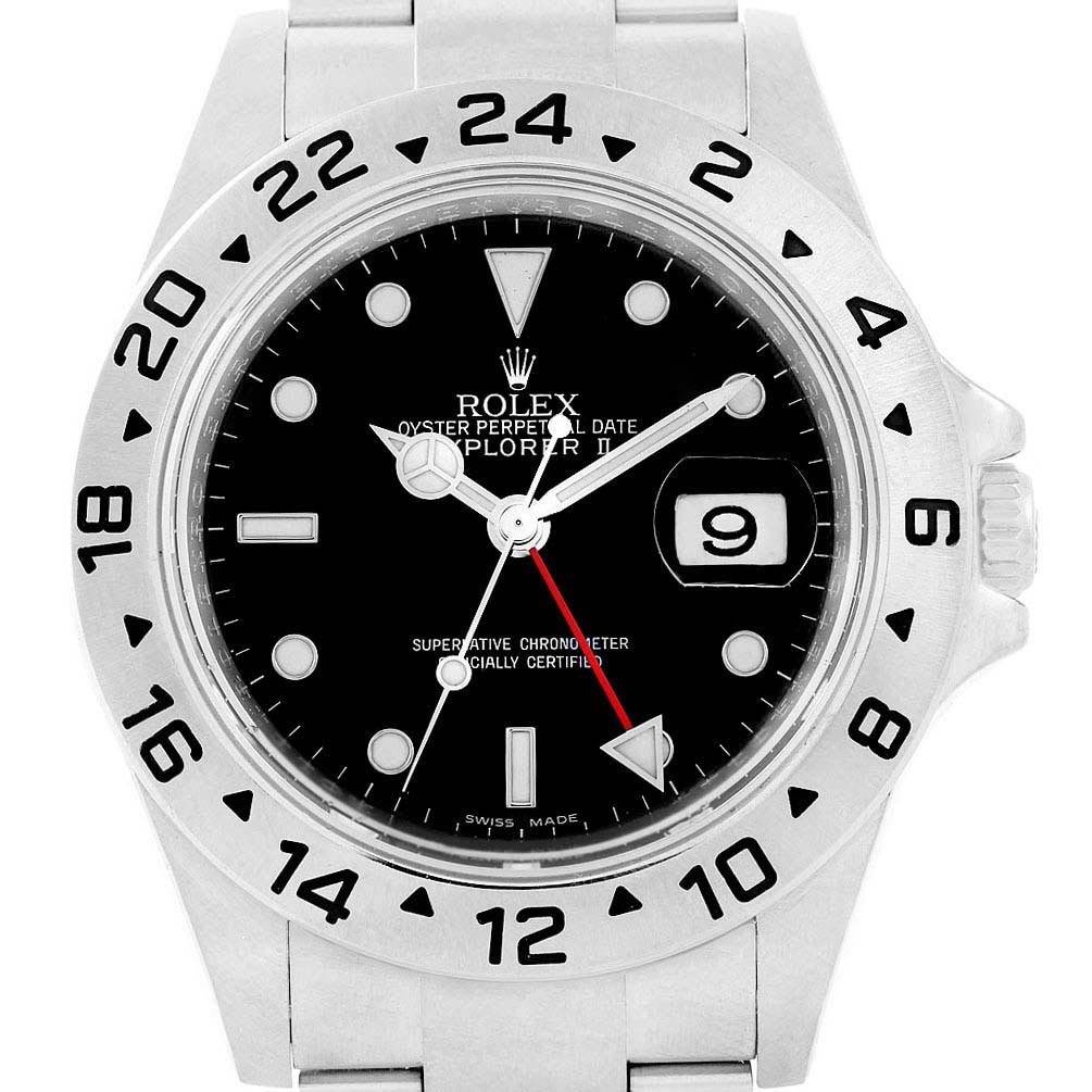 This image shows a front view of a Rolex Explorer 16570 Men's Stainless Steel Black Dial 16570 Men's Stainless Steel Black Dial watch, displaying the dial, bezel, date window, and part of the bracelet.