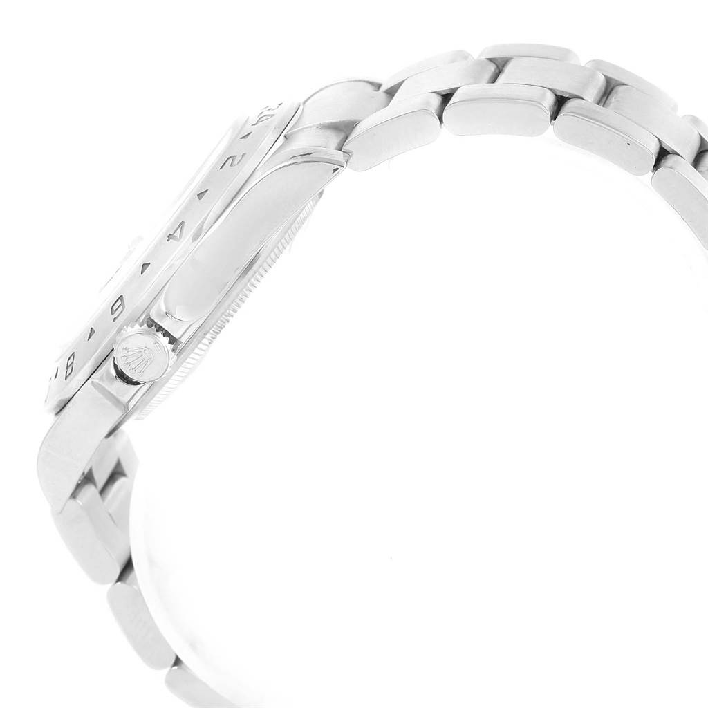 This side view shows the crown, bezel, and bracelet of the Rolex Explorer 16570 Men's Stainless Steel Black Dial 16570 Men's Stainless Steel Black Dial watch.