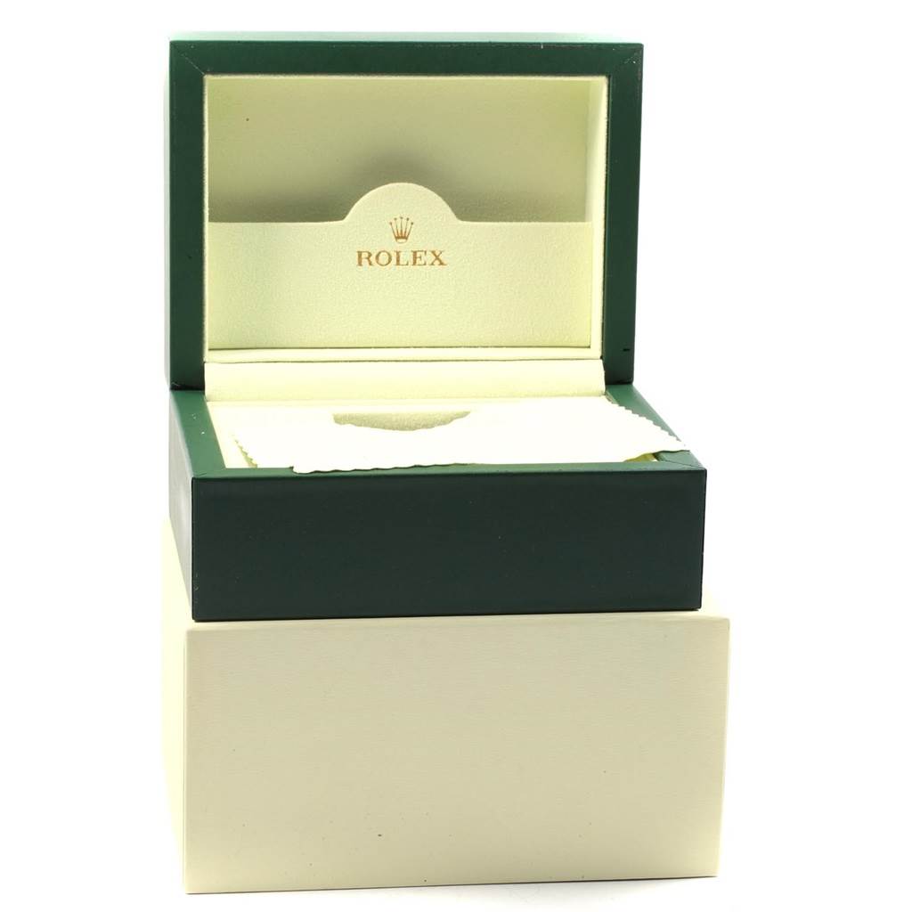 The image shows an open Rolex Explorer 216570 Men's Stainless Steel Black Dial 216570 Men's Stainless Steel Black Dial model watch box from a frontal angle, without the watch inside.