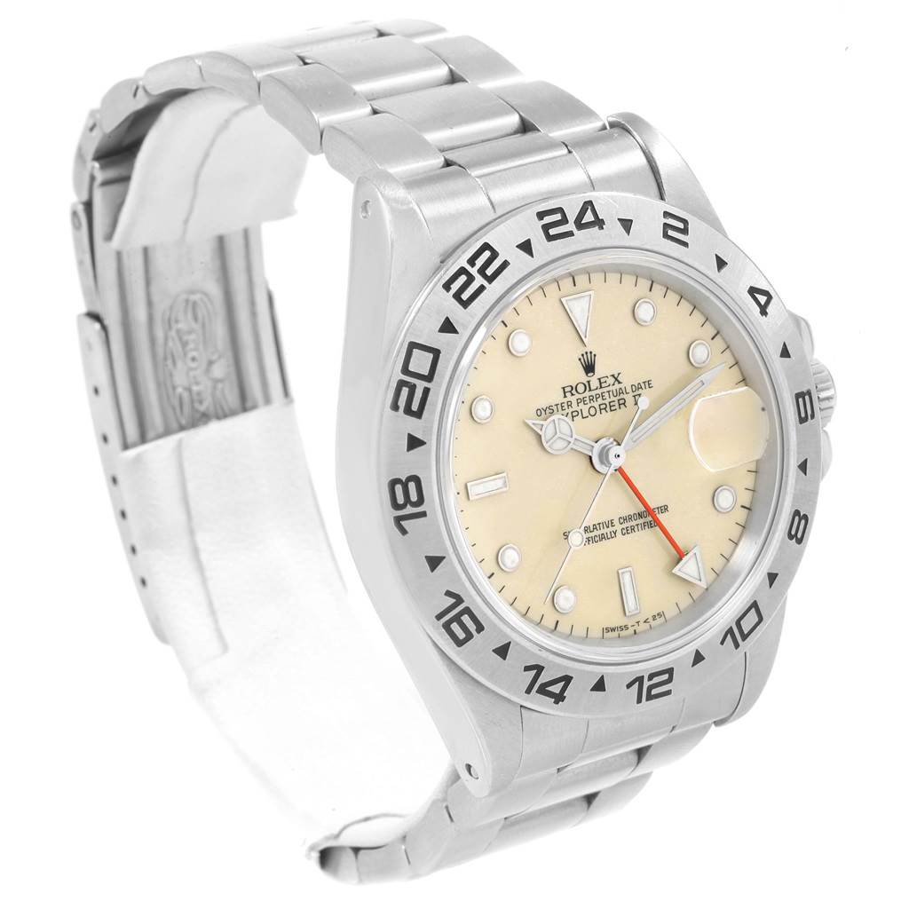 The Rolex Explorer 16550 Men's Stainless Steel Beige Dial 16550 Men's Stainless Steel Beige Dial watch model is shown from a three-quarter angle, highlighting the face, bezel, and bracelet.