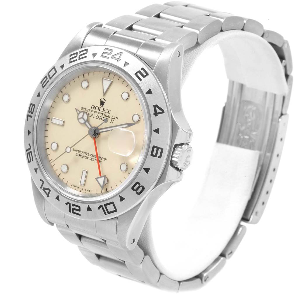 This Rolex Explorer 16550 Men's Stainless Steel Beige Dial 16550 Men's Stainless Steel Beige Dial watch is shown at an angled side view displaying the dial, bracelet, and bezel.
