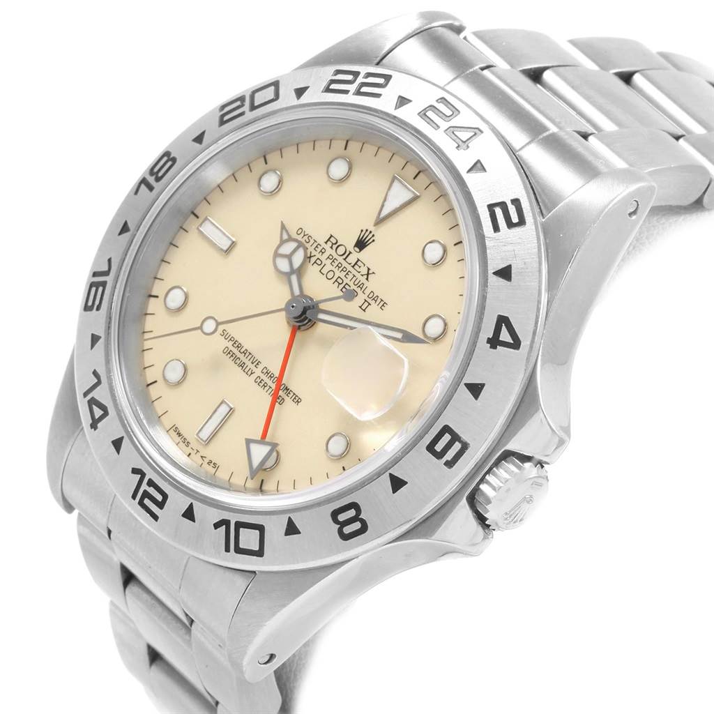 The Rolex Explorer 16550 Men's Stainless Steel Beige Dial 16550 Men's Stainless Steel Beige Dial watch is shown from a three-quarter angle, highlighting the bezel, dial, bracelet, and crown.