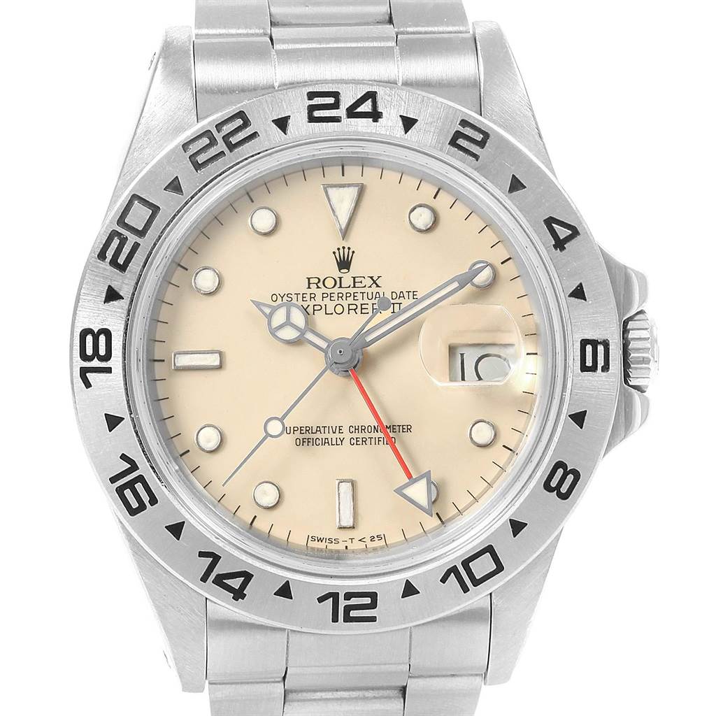 The image shows a frontal view of the Rolex Explorer 16550 Men's Stainless Steel Beige Dial 16550 Men's Stainless Steel Beige Dial watch, highlighting its dial, bezel, and bracelet.