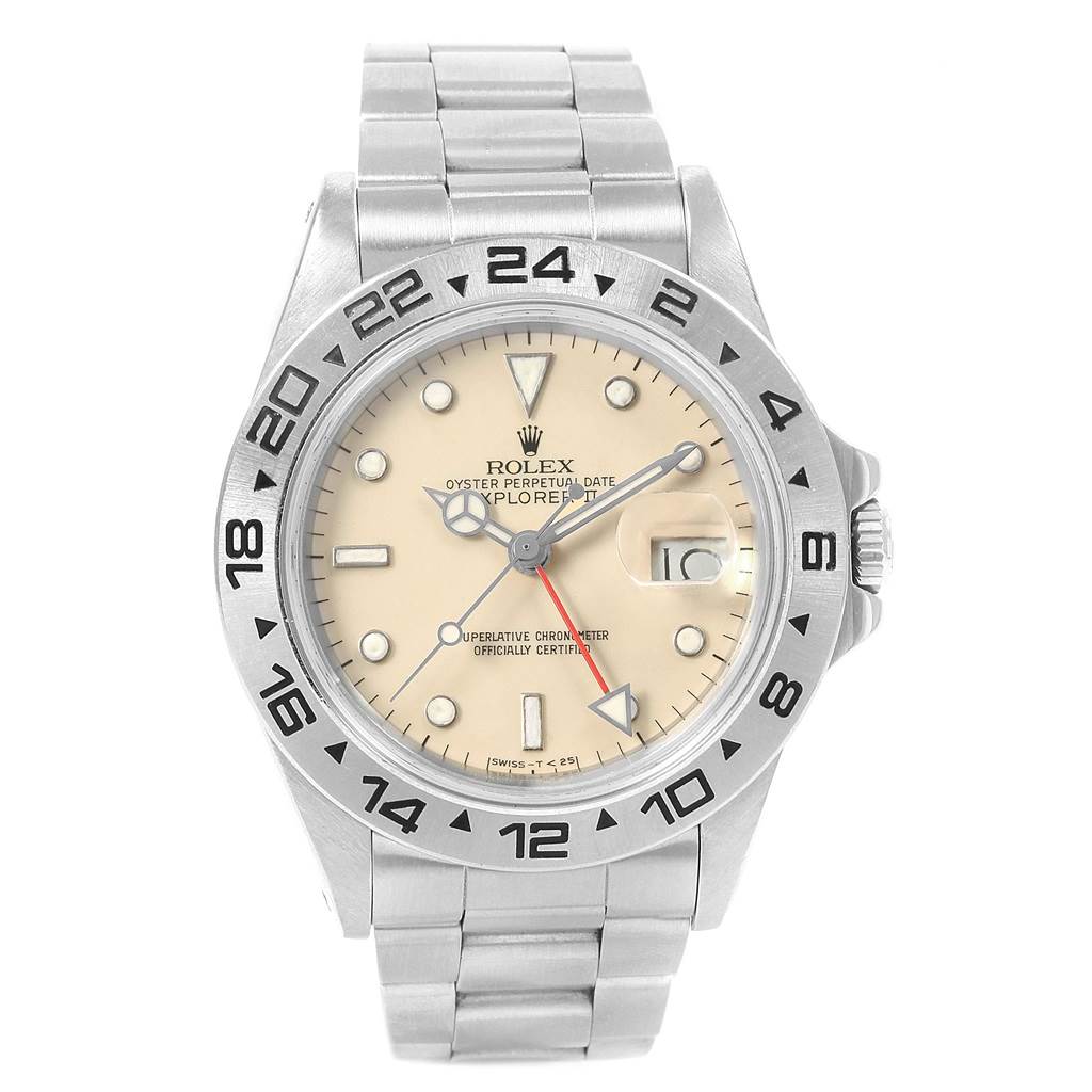 The Rolex Explorer 16550 Men's Stainless Steel Beige Dial 16550 Men's Stainless Steel Beige Dial watch is shown from a front angle, displaying the dial, bezel, and bracelet.