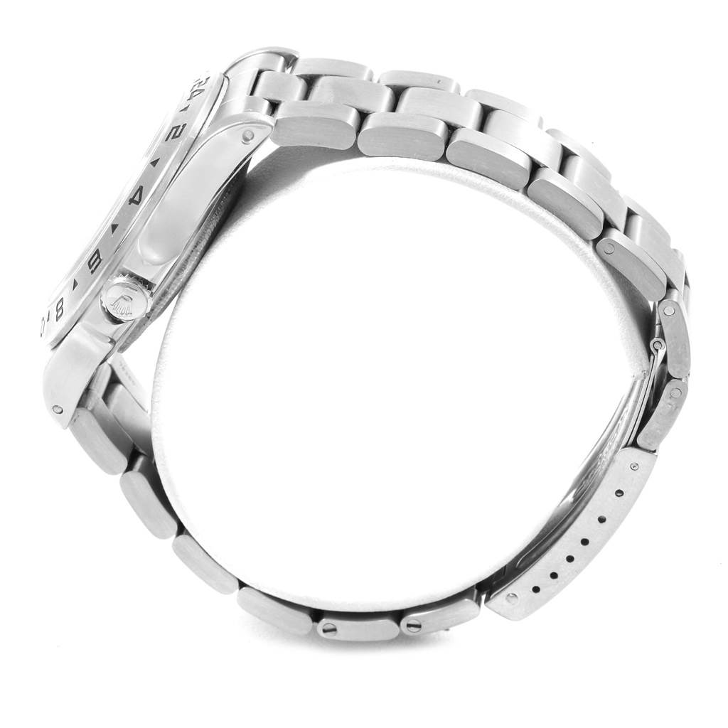 The image shows a side view of the Rolex Explorer 16550 Men's Stainless Steel Beige Dial 16550 Men's Stainless Steel Beige Dial watch, highlighting the bracelet, case, bezel, and crown.