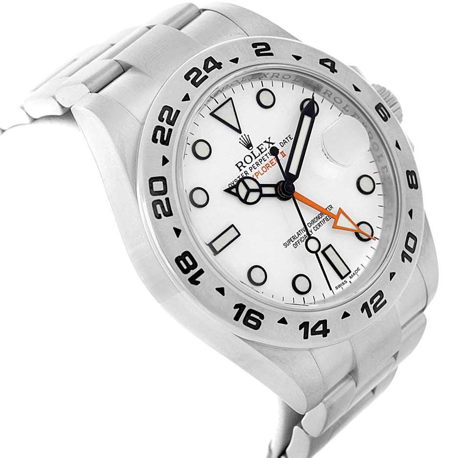 The Rolex Explorer 216570 Men's Stainless Steel White Dial 216570 Men's Stainless Steel White Dial watch is shown at an angled side view, displaying its dial, bezel, and part of the bracelet.