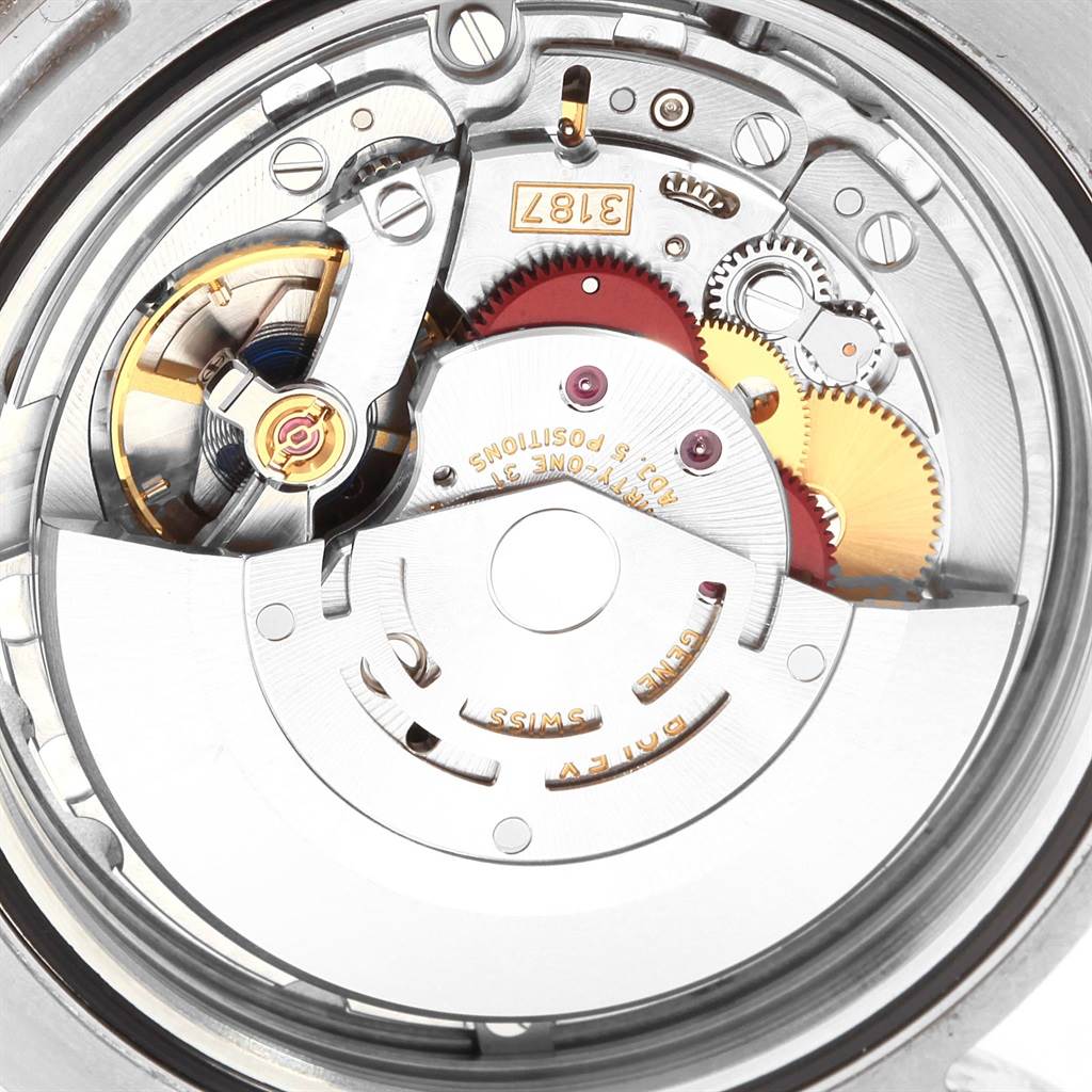 This image shows the internal mechanics and movement of a Rolex Explorer 216570 Men's Stainless Steel White Dial 216570 Men's Stainless Steel White Dial watch from a top-down angle.