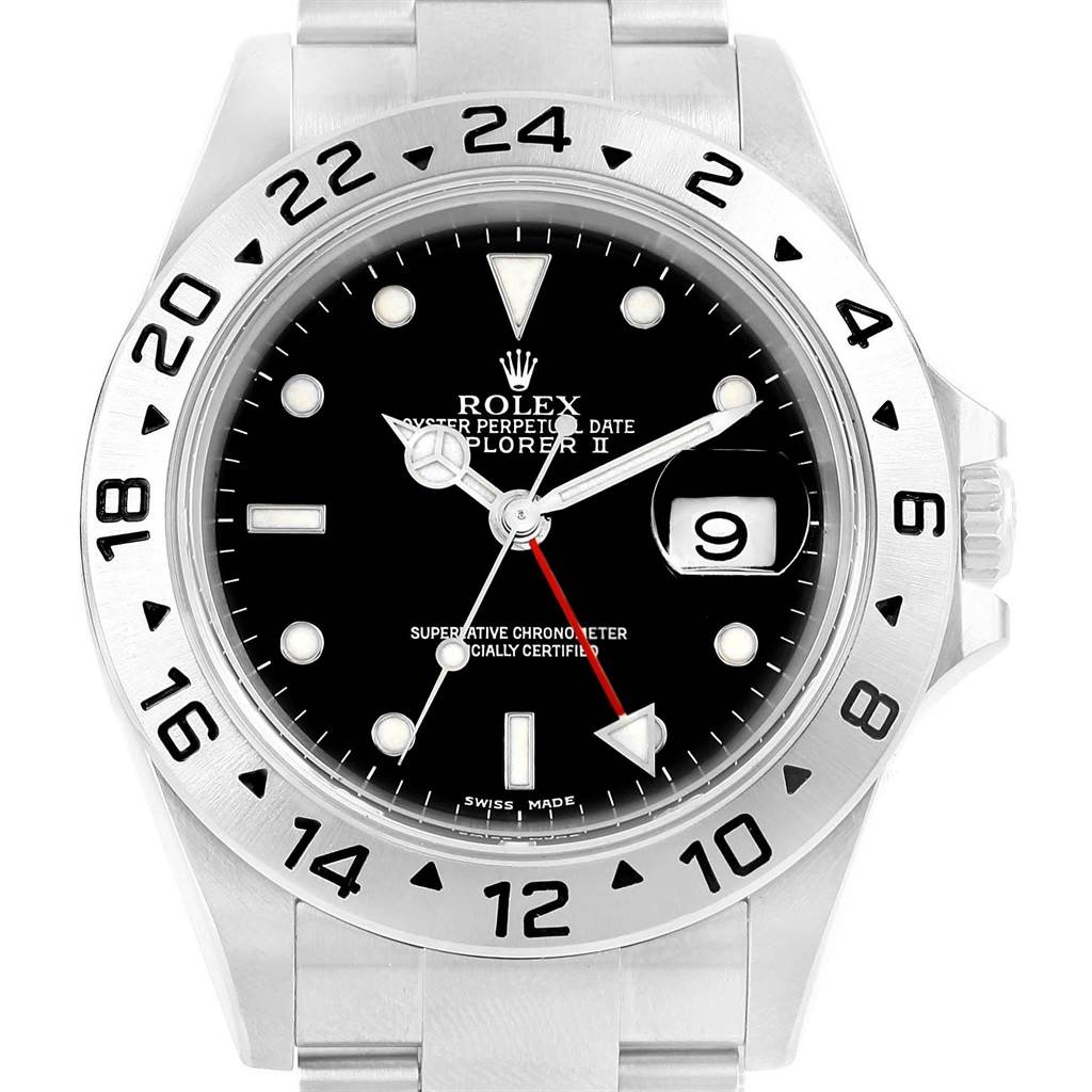 The image shows a front view of the Rolex Explorer 16570 Men's Stainless Steel Black Dial 16570 Men's Stainless Steel Black Dial watch, displaying its bezel, dial, hands, and bracelet.