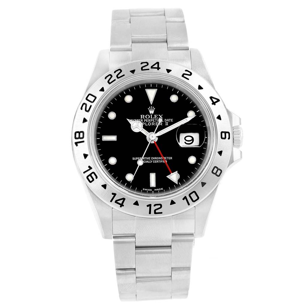 The Rolex Explorer 16570 Men's Stainless Steel Black Dial 16570 Men's Stainless Steel Black Dial watch is shown from a front angle, highlighting its dial, bezel, date window, and stainless steel bracelet.