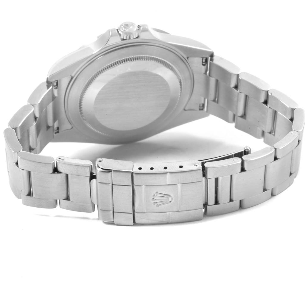 The image displays the back case and clasp of a Rolex Explorer 16570 Men's Stainless Steel Black Dial 16570 Men's Stainless Steel Black Dial watch at an angle.