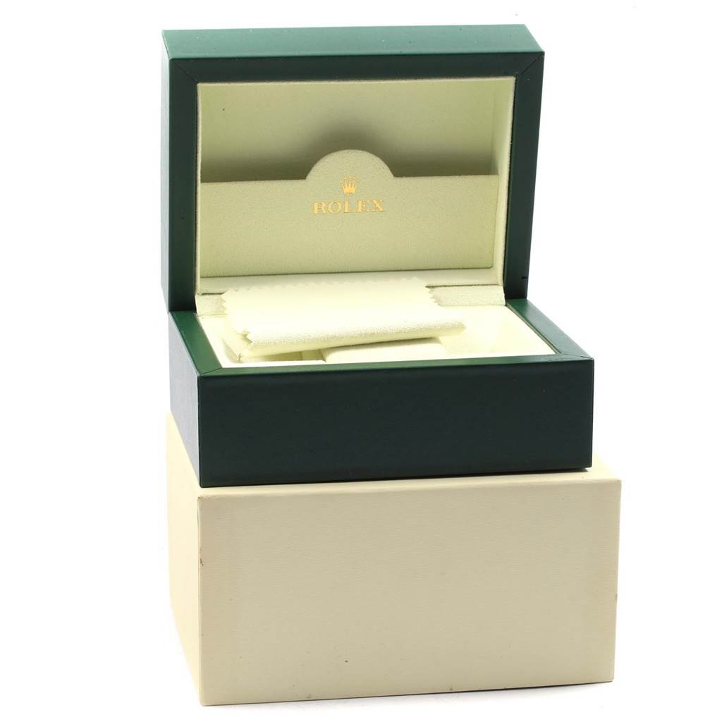 The image shows the opened packaging box for a Rolex Explorer 216570 Men's Stainless Steel White Dial 216570 Men's Stainless Steel White Dial watch, revealing its padded interior and compartments.