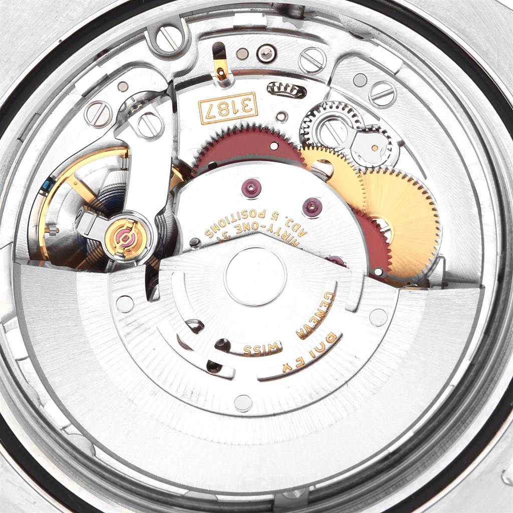 This image shows a close-up view of the movement mechanism inside a Rolex Explorer 216570 Men's Stainless Steel White Dial 216570 Men's Stainless Steel White Dial watch.