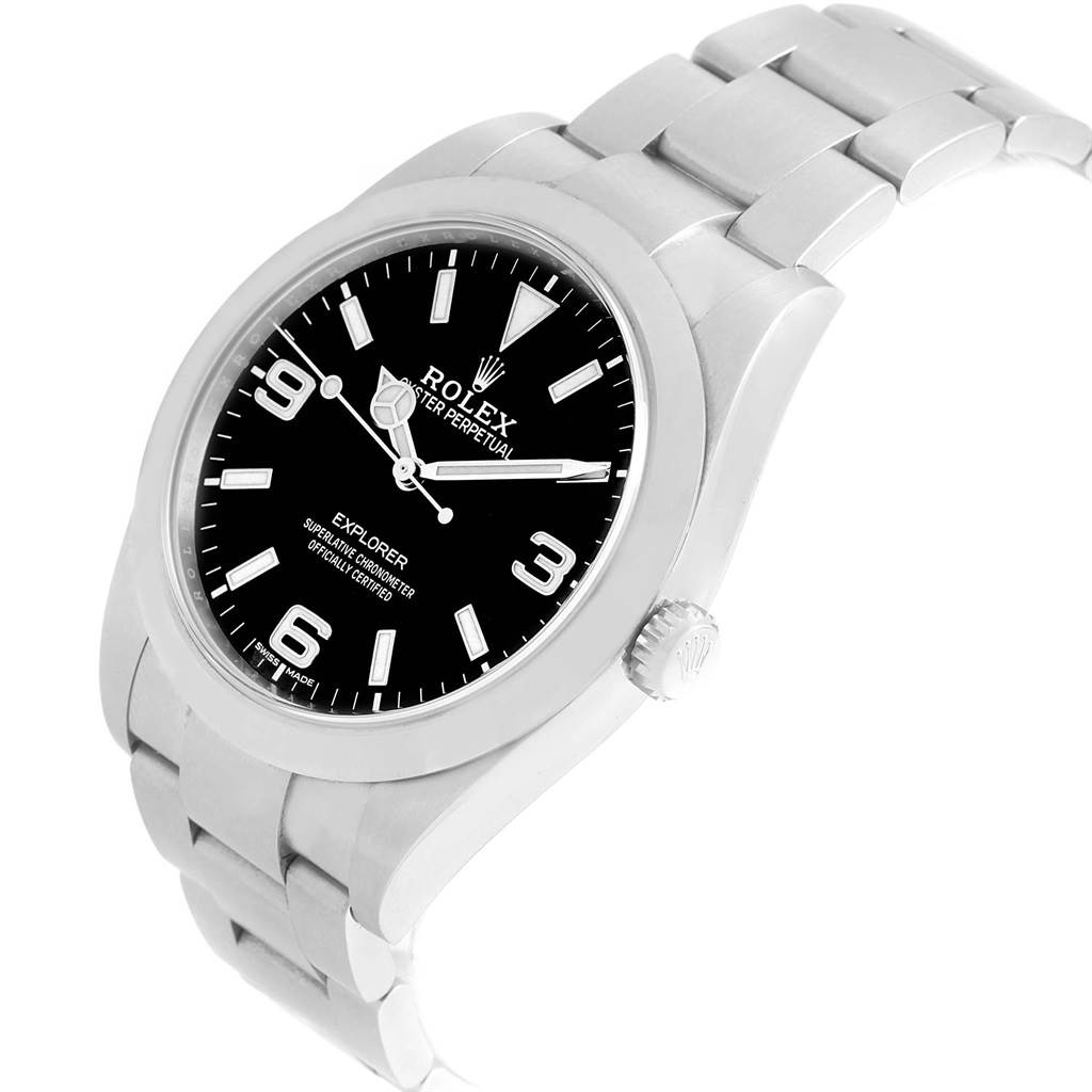 The image shows a Rolex Explorer 214270 Men's Stainless Steel Black Dial 214270 Men's Stainless Steel Black Dial watch, angled to display the dial, crown, and part of the bracelet.