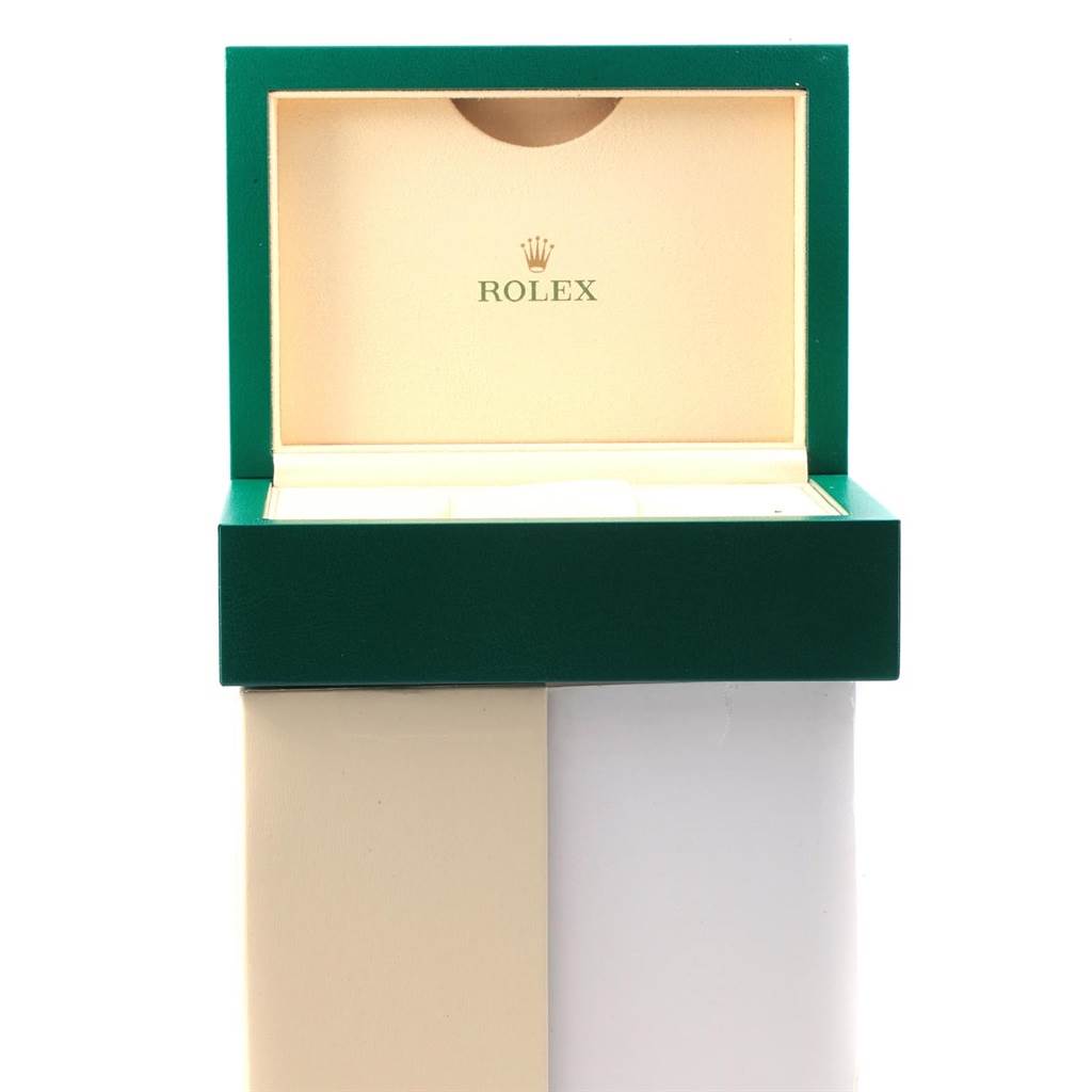 The image shows an open green and beige box for a Rolex Explorer 214270 Men's Stainless Steel Black Dial 214270 Men's Stainless Steel Black Dial watch, viewed from the front.