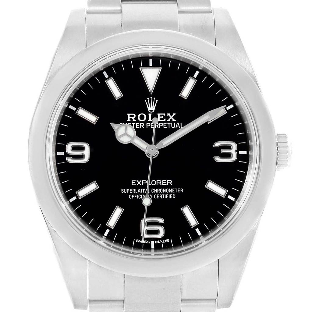 The image shows a front view of the Explorer model by Rolex, highlighting the face, bezel, crown, and part of the bracelet.