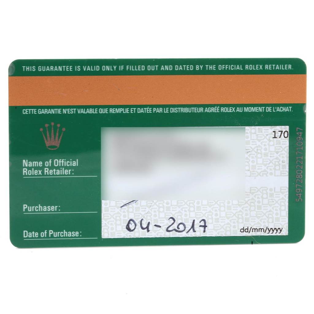 The image shows a Rolex warranty card for the Explorer model, displaying fields like "Name of Official Rolex Retailer" and "Date of Purchase."