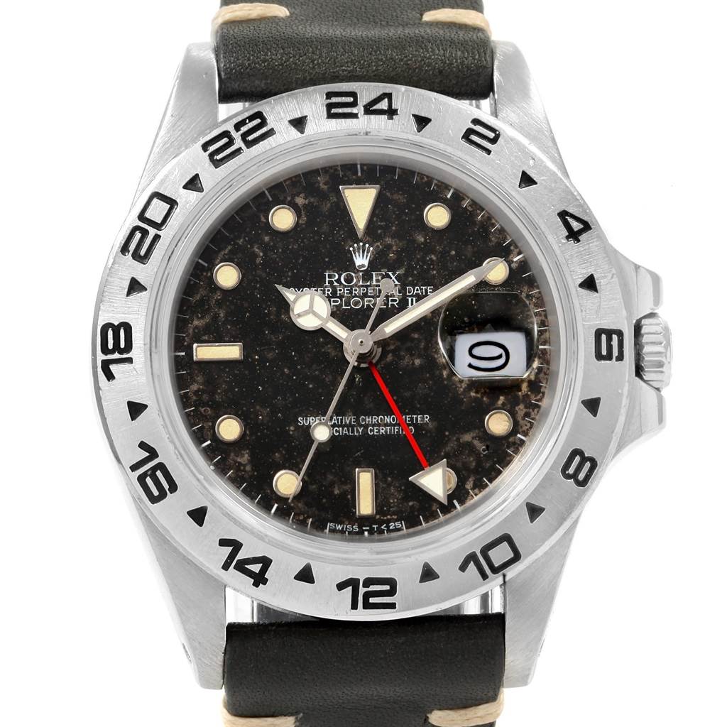 The image shows a front view of a Rolex Explorer 16550 Men's Stainless Steel Black Dial 16550 Men's Stainless Steel Black Dial watch, highlighting its dial, bezel, and leather strap.