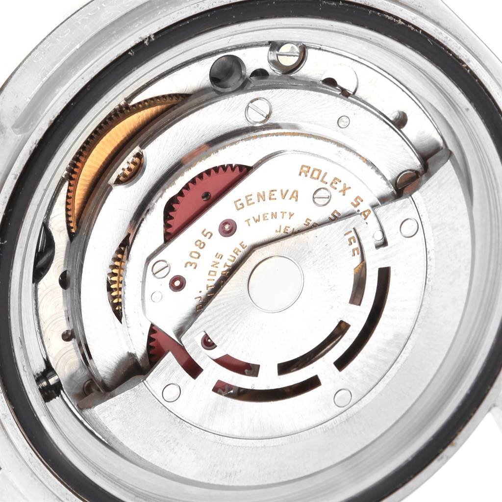 This image shows the internal mechanics of a Rolex Explorer 16550 Men's Stainless Steel Black Dial 16550 Men's Stainless Steel Black Dial model watch at a close-up angle.