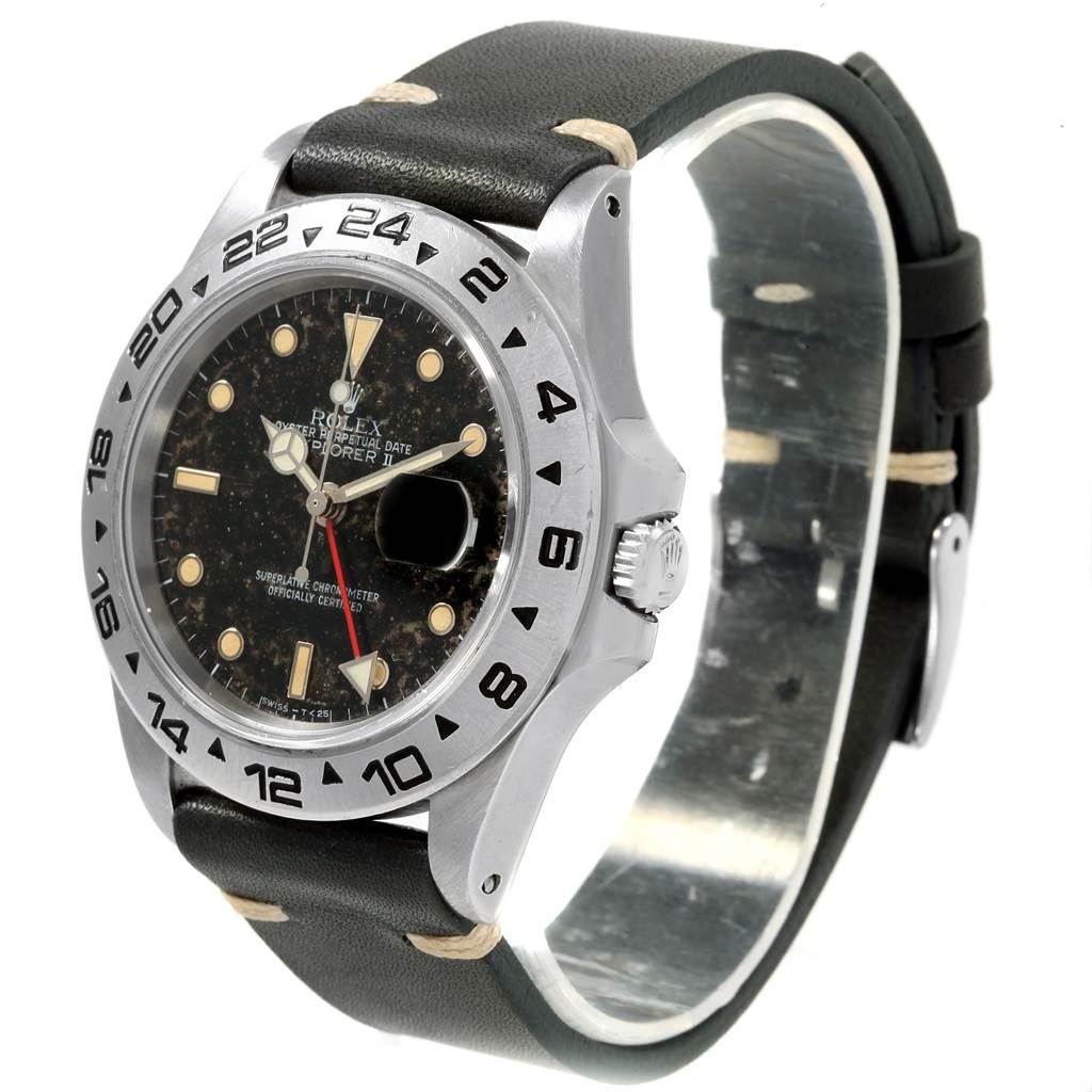 The Rolex Explorer 16550 Men's Stainless Steel Black Dial 16550 Men's Stainless Steel Black Dial watch is shown at a slight side angle, displaying its bezel, face, crown, and strap.