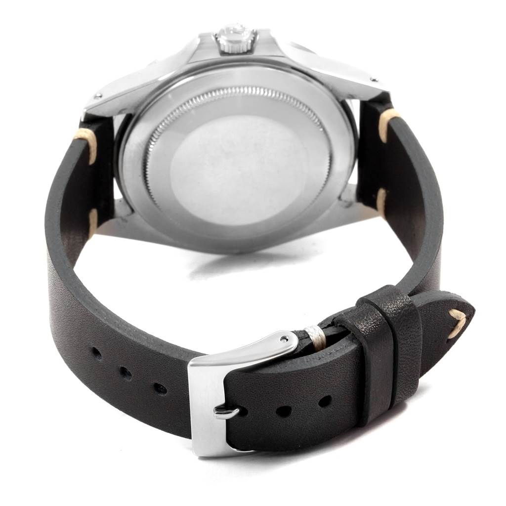 This image shows the back case and leather strap of a Rolex Explorer 16550 Men's Stainless Steel Black Dial 16550 Men's Stainless Steel Black Dial watch from a rear angle.