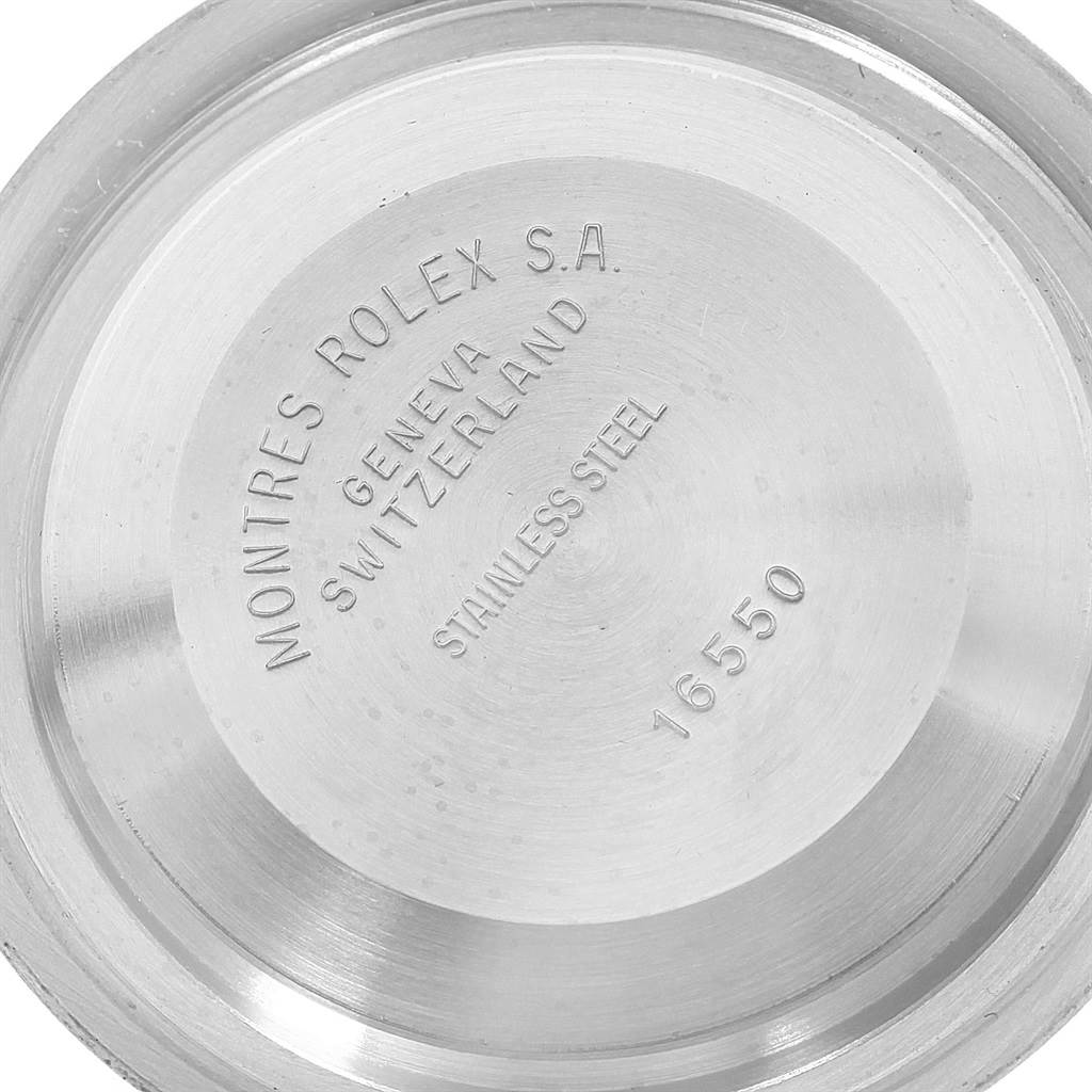 This image shows the case back of a Rolex Explorer 16550 Men's Stainless Steel Black Dial 16550 Men's Stainless Steel Black Dial watch, displaying the brand, model, material, and reference number.