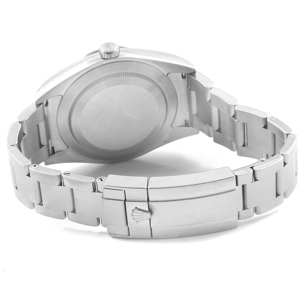 This image shows the back view of the Rolex Explorer 214270 Men
s Stainless Steel Black Dial 214270 Men
s Stainless Steel Black Dial watch, highlighting its bracelet, clasp, and case back.