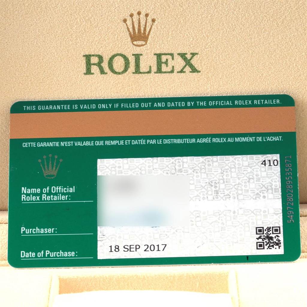 The image shows a guarantee card for a Rolex Explorer 214270 Men
s Stainless Steel Black Dial 214270 Men
s Stainless Steel Black Dial watch, highlighting the brand logo and purchase details.
