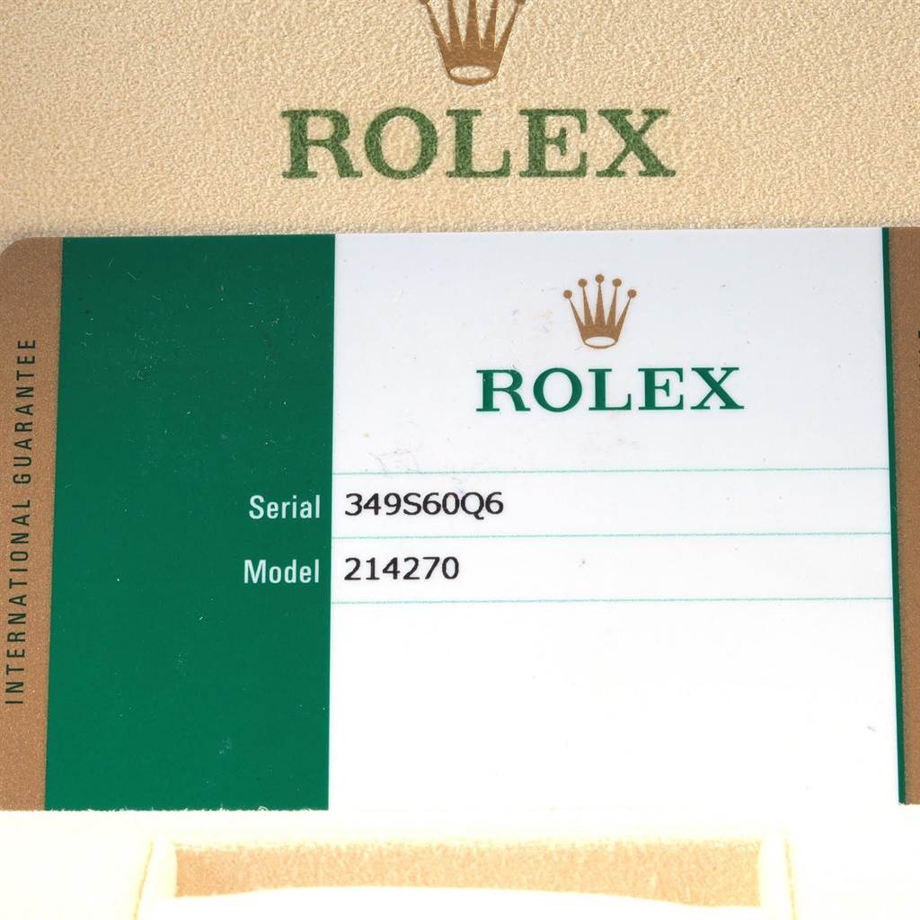 This image shows the warranty card for a Rolex Explorer 214270 Men
s Stainless Steel Black Dial 214270 Men
s Stainless Steel Black Dial model, with the serial number and model number visible.