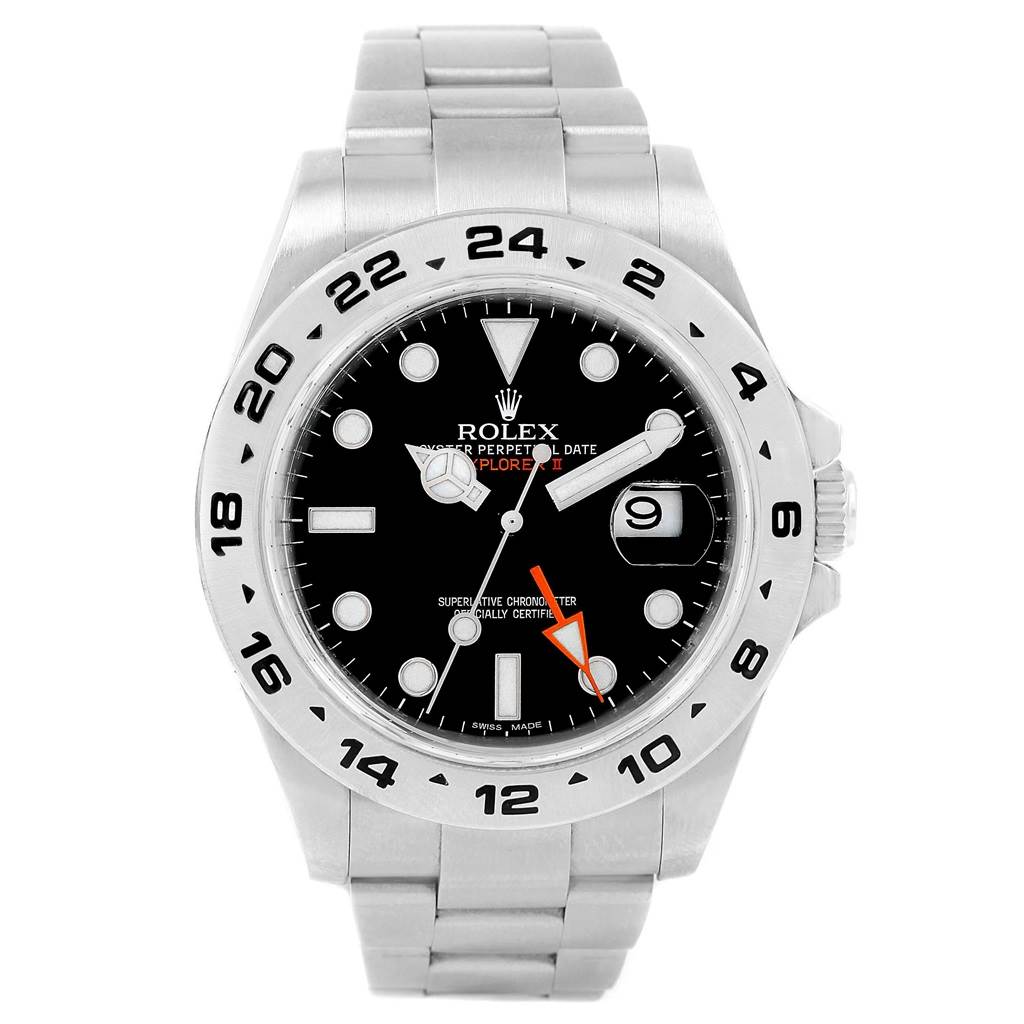 This image shows a front view of a Rolex Explorer 216570 Men's Stainless Steel Black Dial 216570 Men's Stainless Steel Black Dial watch, displaying its face, hands, date window, and bracelet.