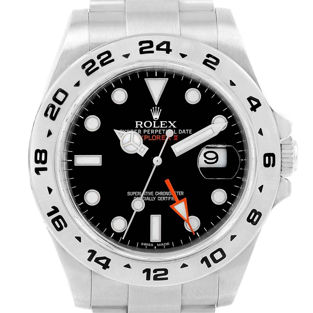 The Rolex Explorer 216570 Men's Stainless Steel Black Dial 216570 Men's Stainless Steel Black Dial model is shown from the front, highlighting the dial, bezel, and part of the bracelet.