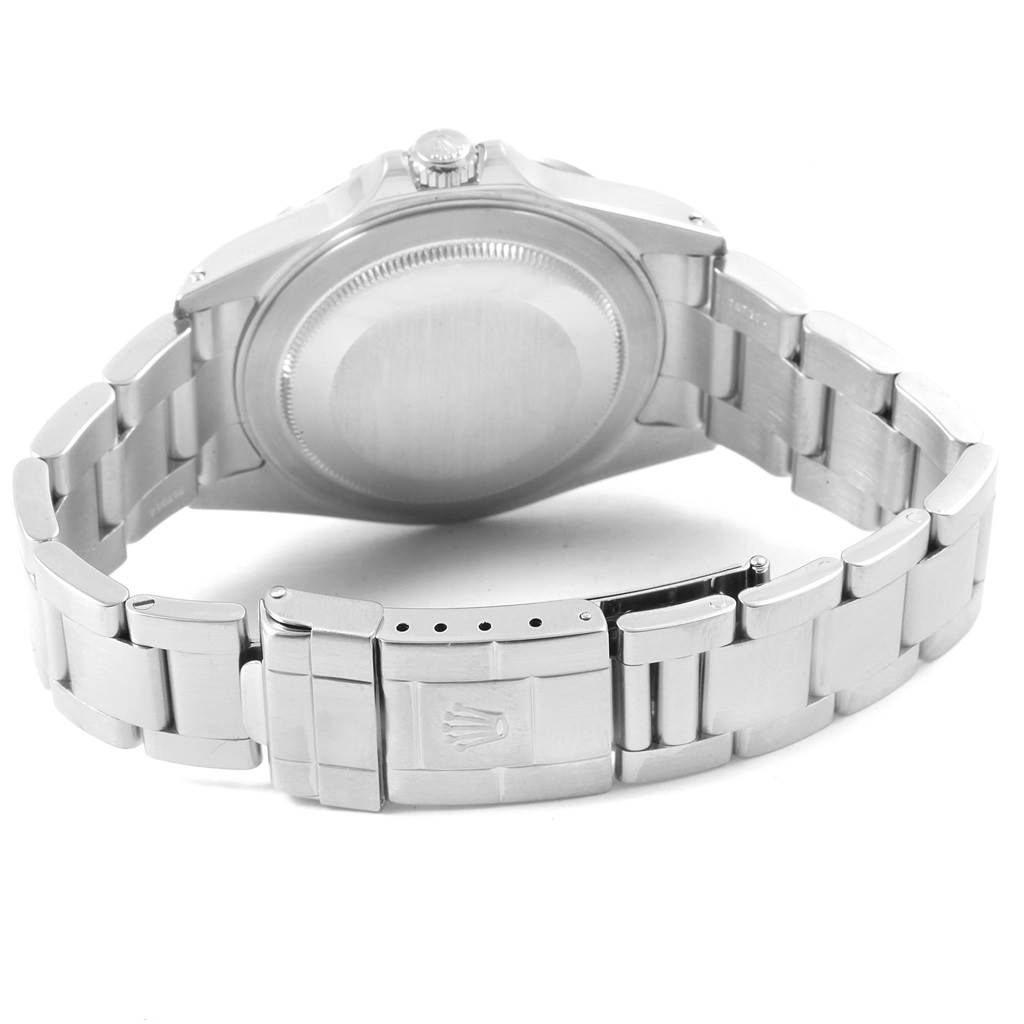 The image shows the back and bracelet of the Rolex Explorer 16570 Men's Stainless Steel White Dial 16570 Men's Stainless Steel White Dial watch, highlighting the clasp and case back.