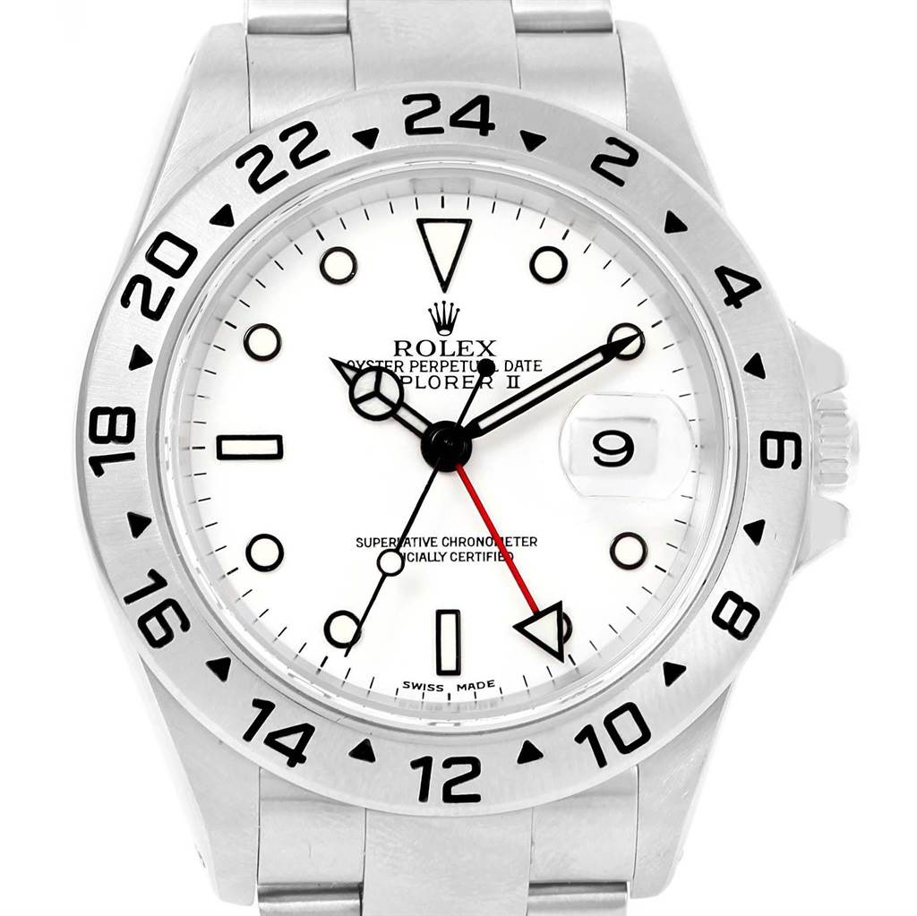 This image shows a front view of a Rolex Explorer 16570 Men's Stainless Steel White Dial 16570 Men's Stainless Steel White Dial watch, featuring the dial, hands, bezel, and bracelet.