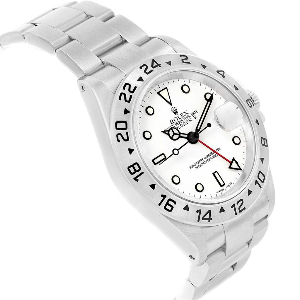 The image shows a Rolex Explorer 16570 Men's Stainless Steel White Dial 16570 Men's Stainless Steel White Dial watch at a slight angle, displaying its white dial, hands, hour markers, and part of the bracelet.