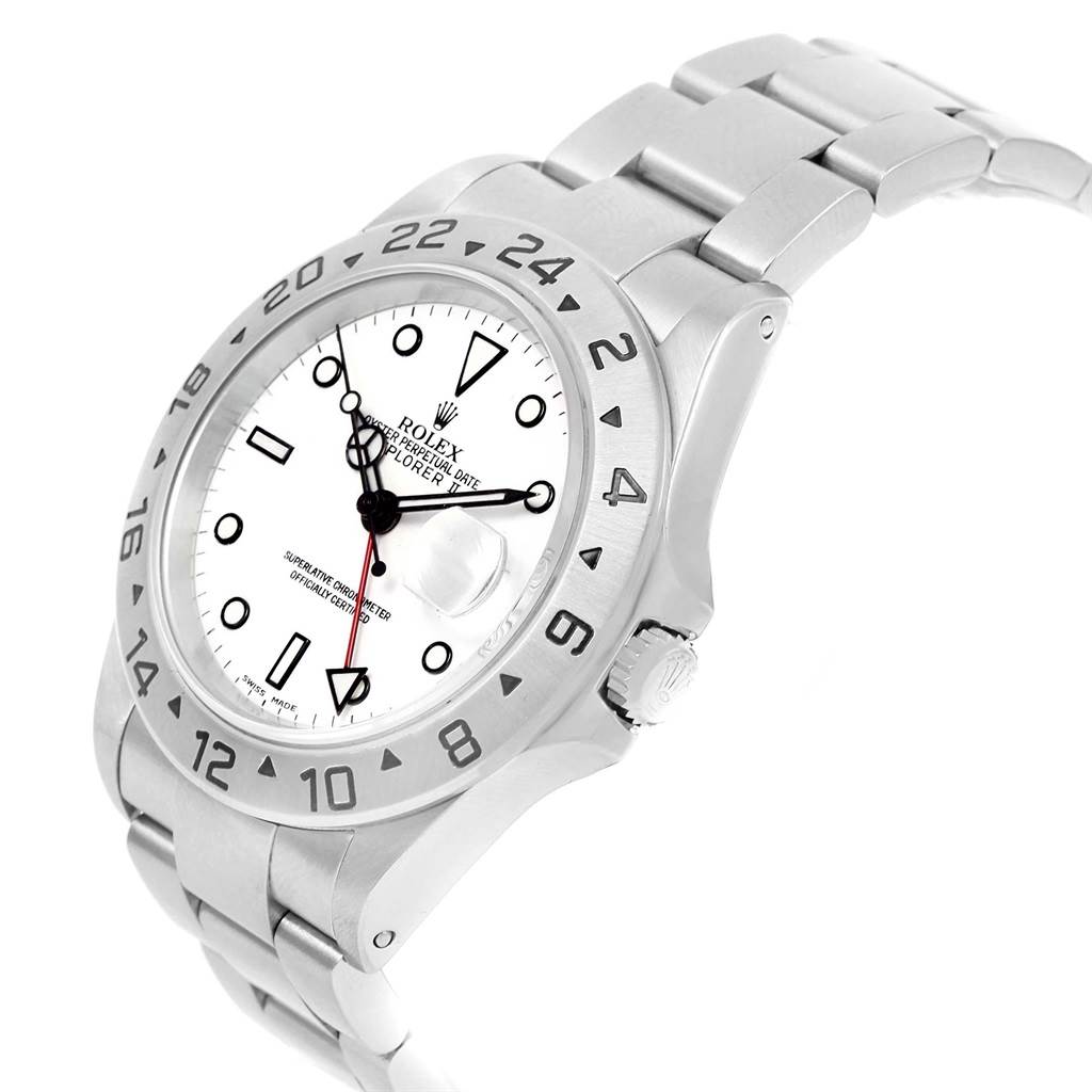 The Rolex Explorer 16570 Men's Stainless Steel White Dial 16570 Men's Stainless Steel White Dial model watch is shown at an angled view, displaying the bezel, dial, crown, and metal bracelet.