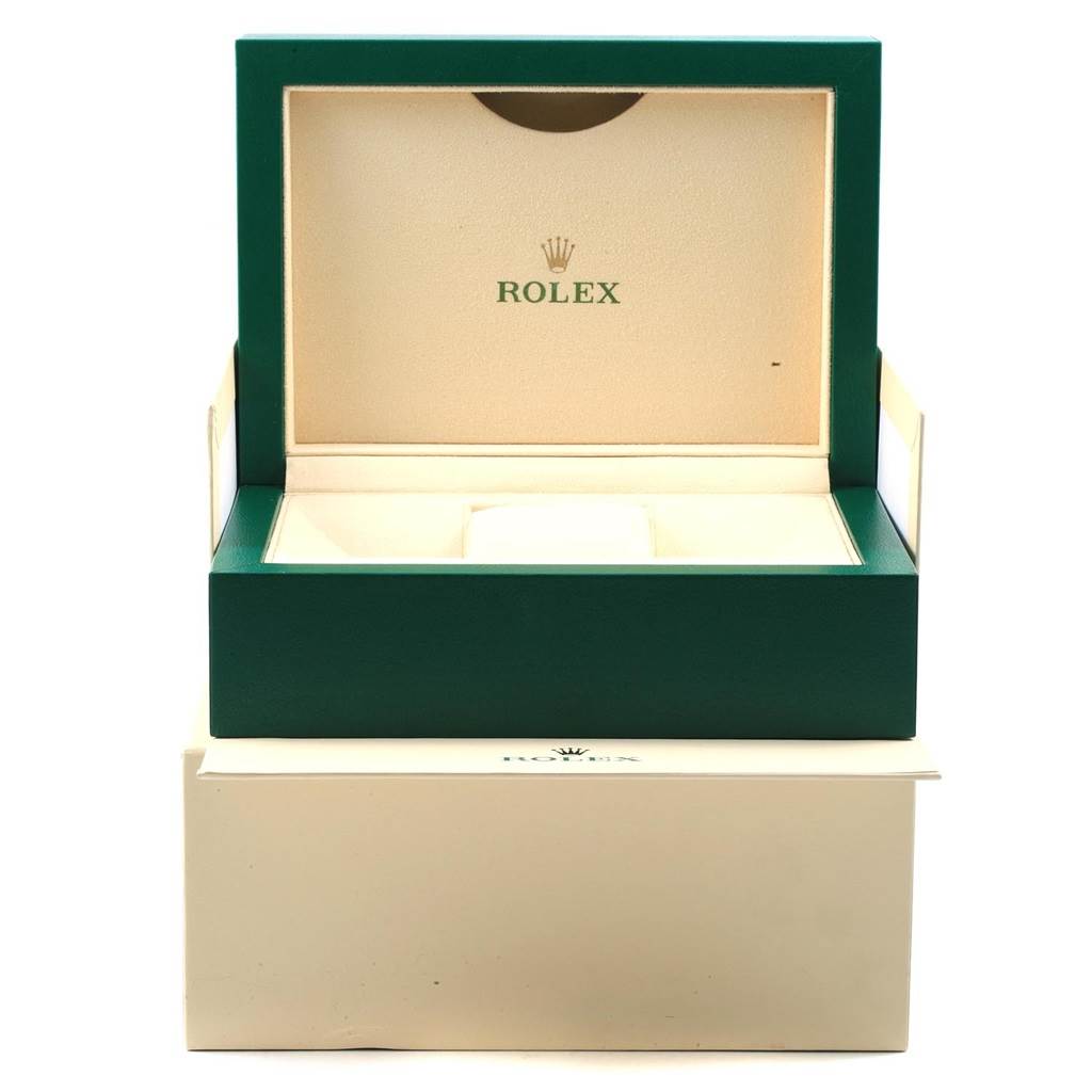The image shows an open green and beige watch box for the Rolex Explorer 214270 Men's Stainless Steel Black Dial 214270 Men's Stainless Steel Black Dial model.