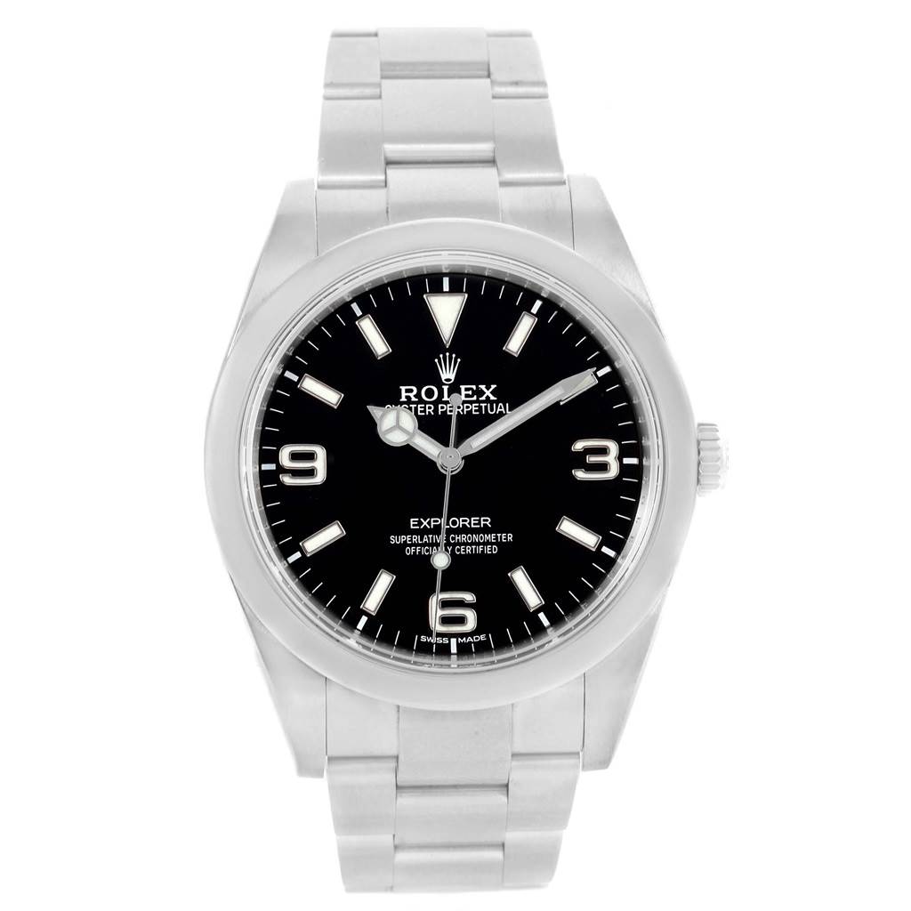 This Rolex Explorer 214270 Men's Stainless Steel Black Dial 214270 Men's Stainless Steel Black Dial model watch is shown from a frontal angle, displaying the face, bezel, case, and bracelet.