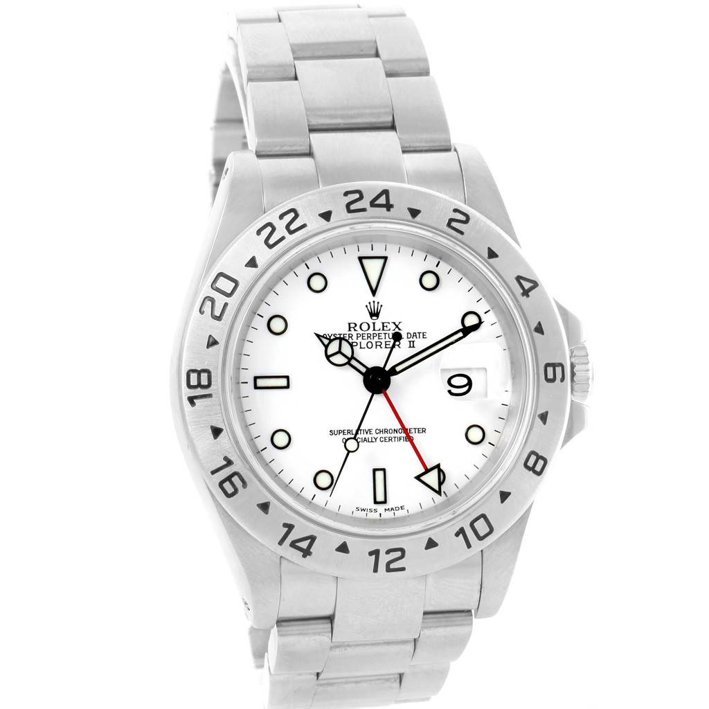 This image shows a frontal view of the Rolex Explorer 16570 Men's Stainless Steel White Dial 16570 Men's Stainless Steel White Dial watch, displaying the dial, hands, bezel, and bracelet.