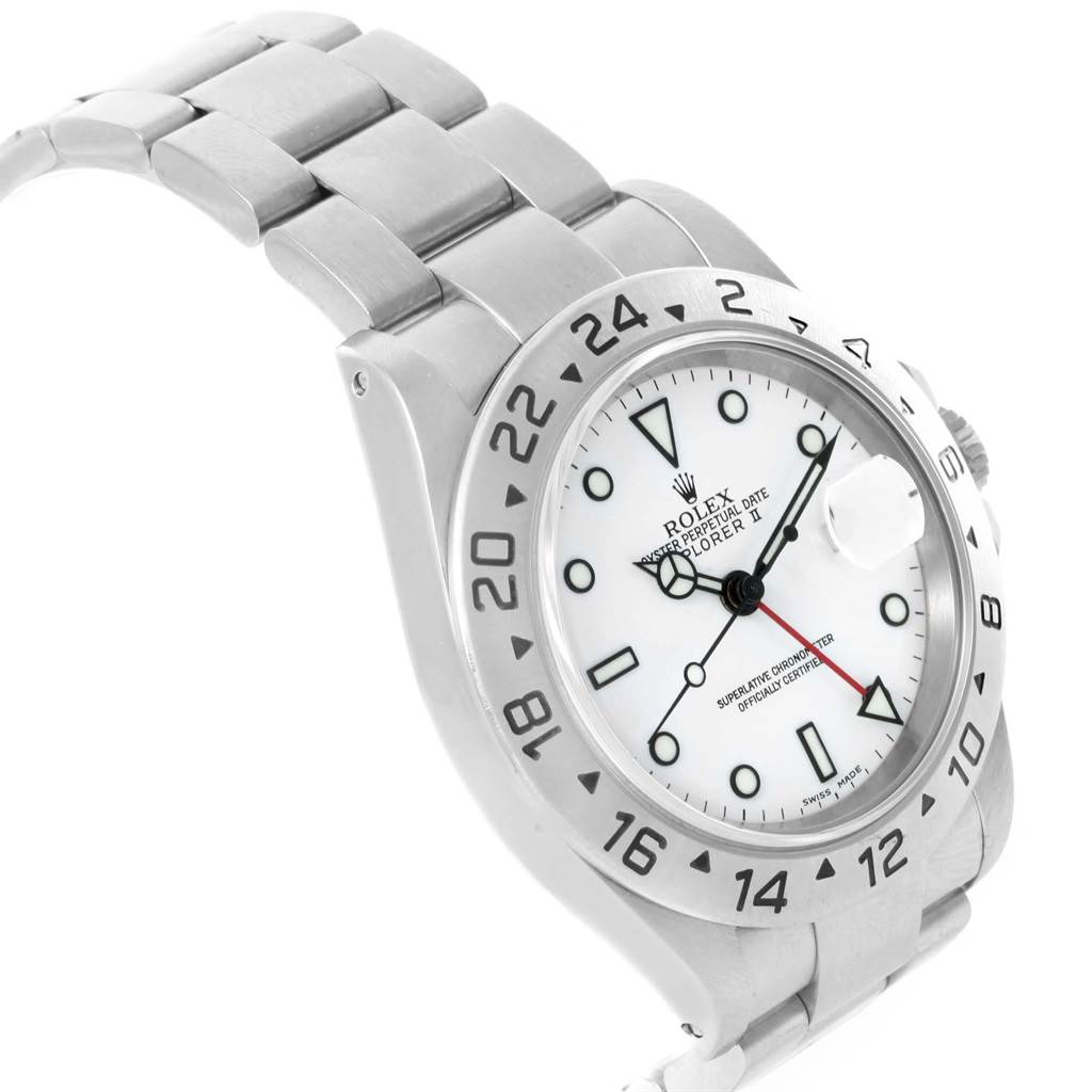 The image shows a Rolex Explorer 16570 Men's Stainless Steel White Dial 16570 Men's Stainless Steel White Dial watch from an angled top view, highlighting the face, bezel, and part of the bracelet.