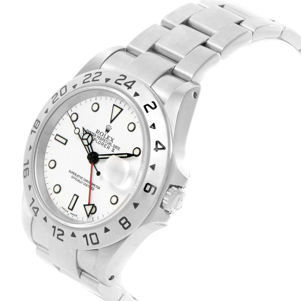 The image shows a side angle of the Rolex Explorer 16570 Men's Stainless Steel White Dial 16570 Men's Stainless Steel White Dial watch, highlighting the bezel, dial, and stainless steel bracelet.