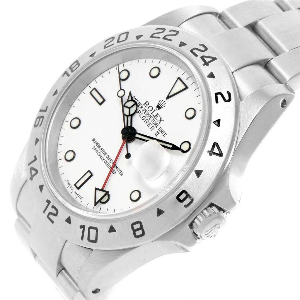 This image shows a close-up of the Rolex Explorer 16570 Men's Stainless Steel White Dial 16570 Men's Stainless Steel White Dial watch, highlighting its face, bezel, and part of the bracelet.
