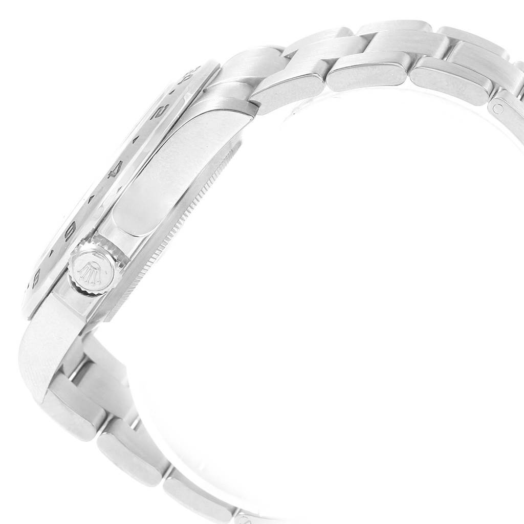 The image shows a side profile of a Rolex Explorer 216570 Men's Stainless Steel White Dial 216570 Men's Stainless Steel White Dial watch, highlighting the crown, case, and bracelet.