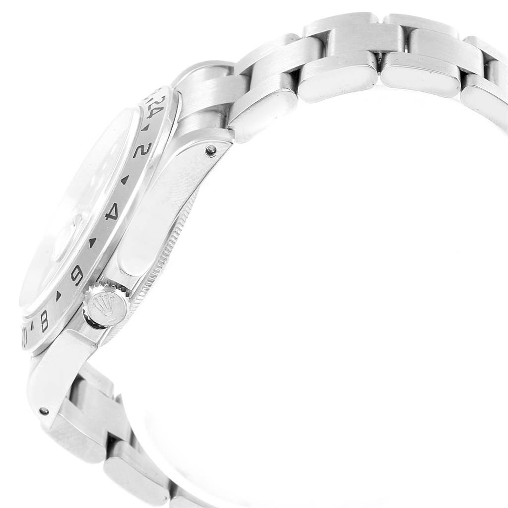 The image shows a side view of the Rolex Explorer 16570 Men
s Stainless Steel Black Dial 16570 Men
s Stainless Steel Black Dial watch, highlighting its bezel, crown, and bracelet.